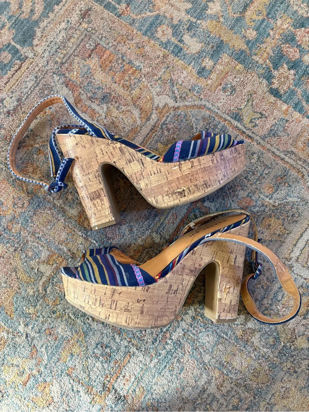 Madden Girl Striped Blue Fabric Platform Cork Heels